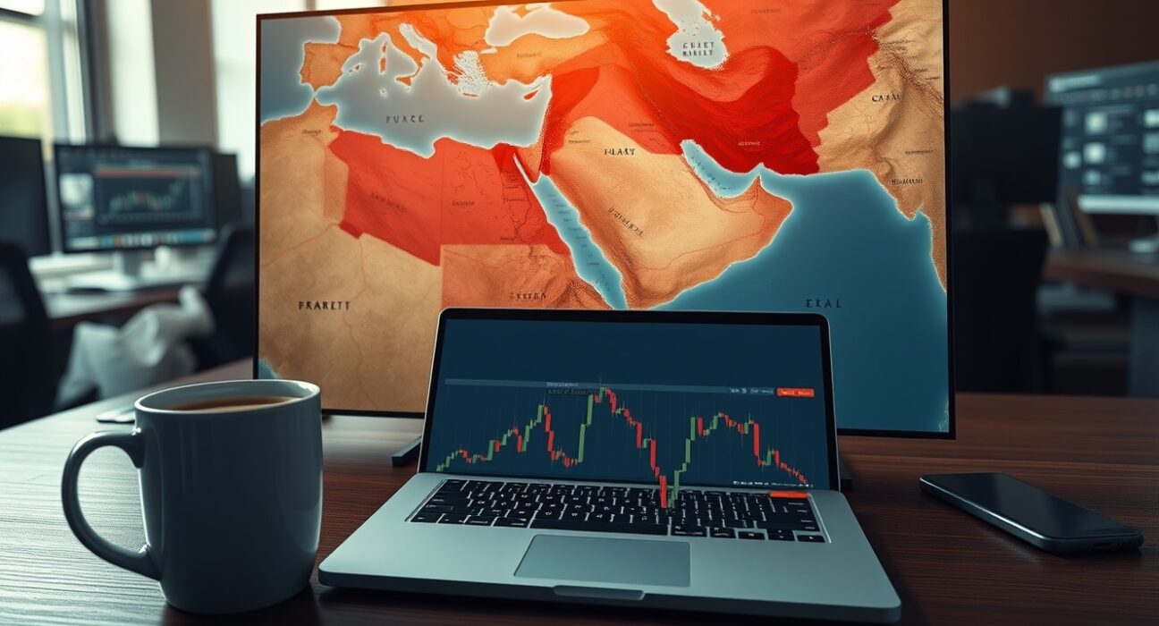 Forex Today: A trading desk scene with a map of the Strait of Hormuz and a currency chart reflecting cautious market stance.