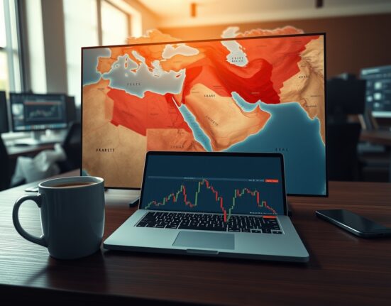 Forex Today: A trading desk scene with a map of the Strait of Hormuz and a currency chart reflecting cautious market stance.