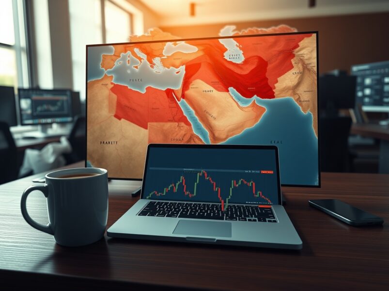 Forex Today: A trading desk scene with a map of the Strait of Hormuz and a currency chart reflecting cautious market stance.
