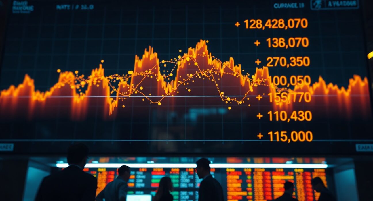 Traders on a financial floor watching a large screen displaying a Fed dot plot and currency exchange rates.