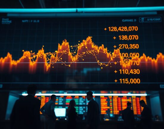 Traders on a financial floor watching a large screen displaying a Fed dot plot and currency exchange rates.