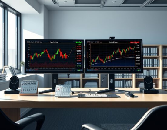 Forex and oil price charts on trading desk monitors ahead of critical US inflation data release.