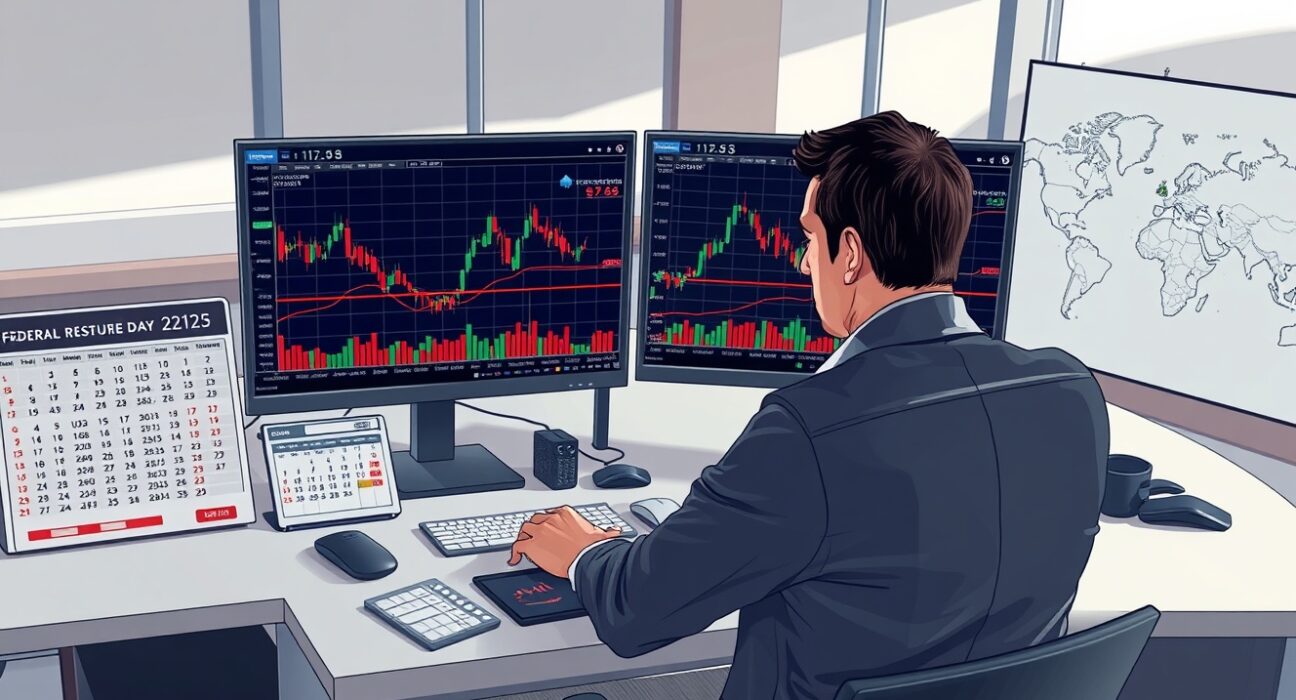 Financial analyst monitoring currency charts during Federal Reserve policy shift affecting forex markets