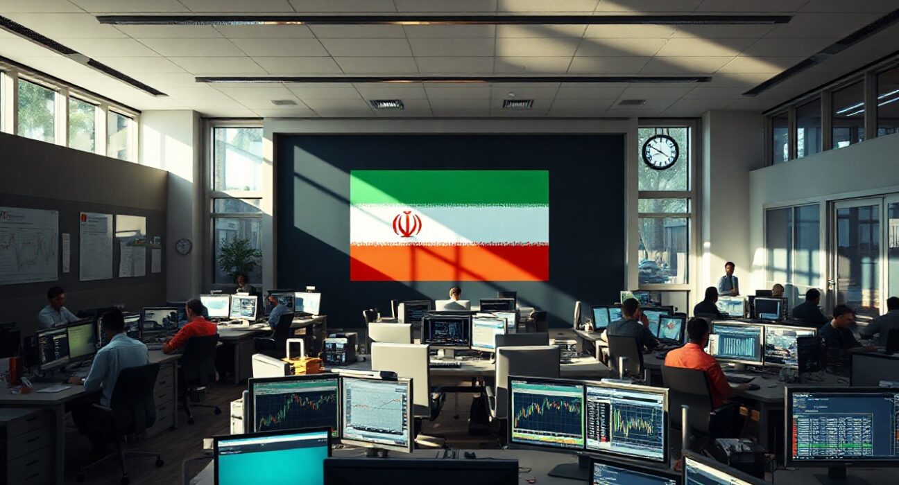 Trading floor monitors showing currency charts as US and Iran diplomatic talks resume