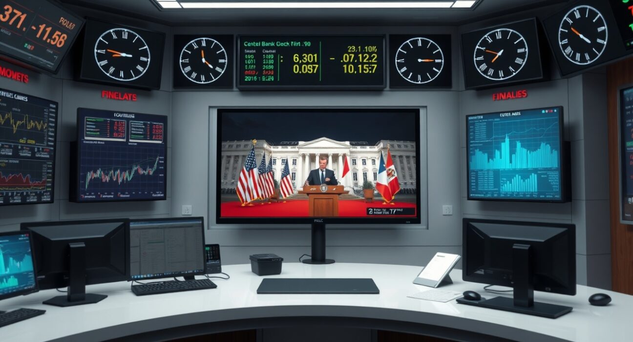 Newsroom monitors display financial charts and a live broadcast of central bank officials.