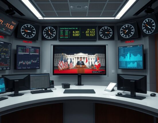 Newsroom monitors display financial charts and a live broadcast of central bank officials.