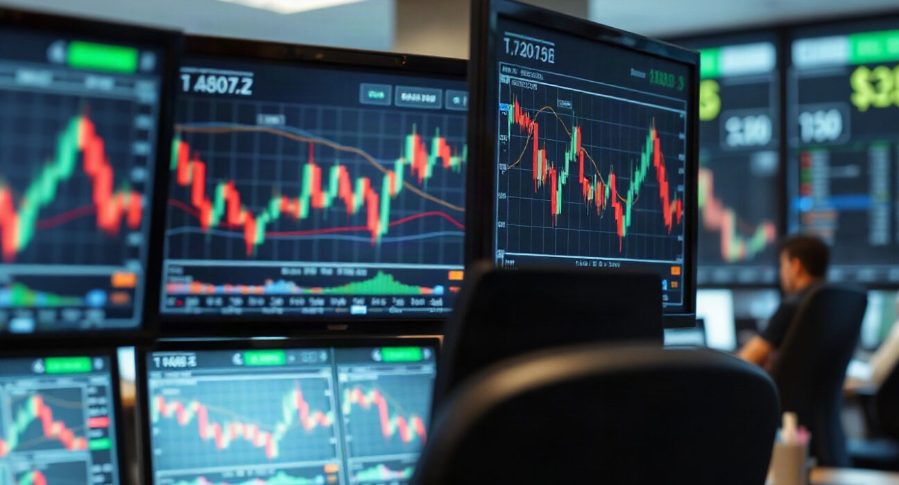 Forex trading desk with multiple monitors showing currency charts and world currency symbols