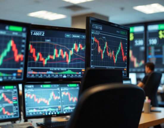 Forex trading desk with multiple monitors showing currency charts and world currency symbols