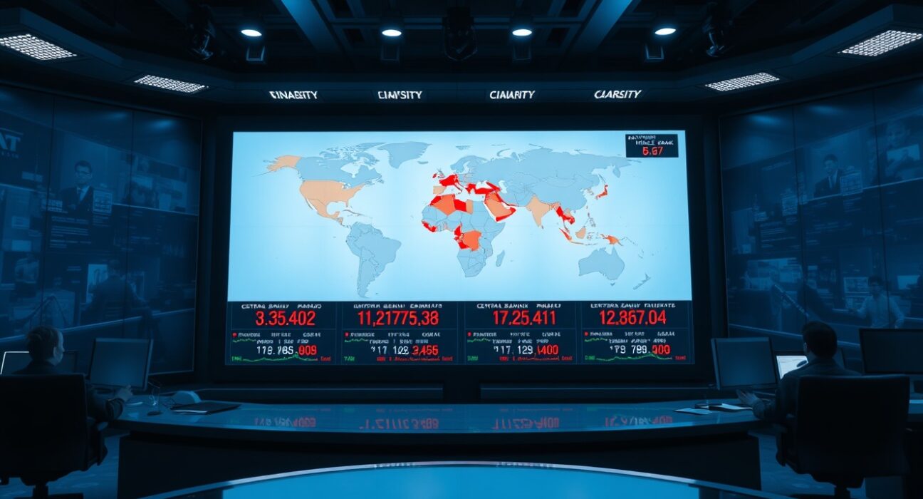 Trading screen showing world map with Middle East region highlighted and financial data