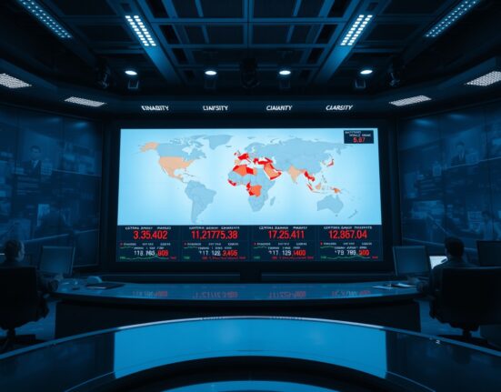 Trading screen showing world map with Middle East region highlighted and financial data