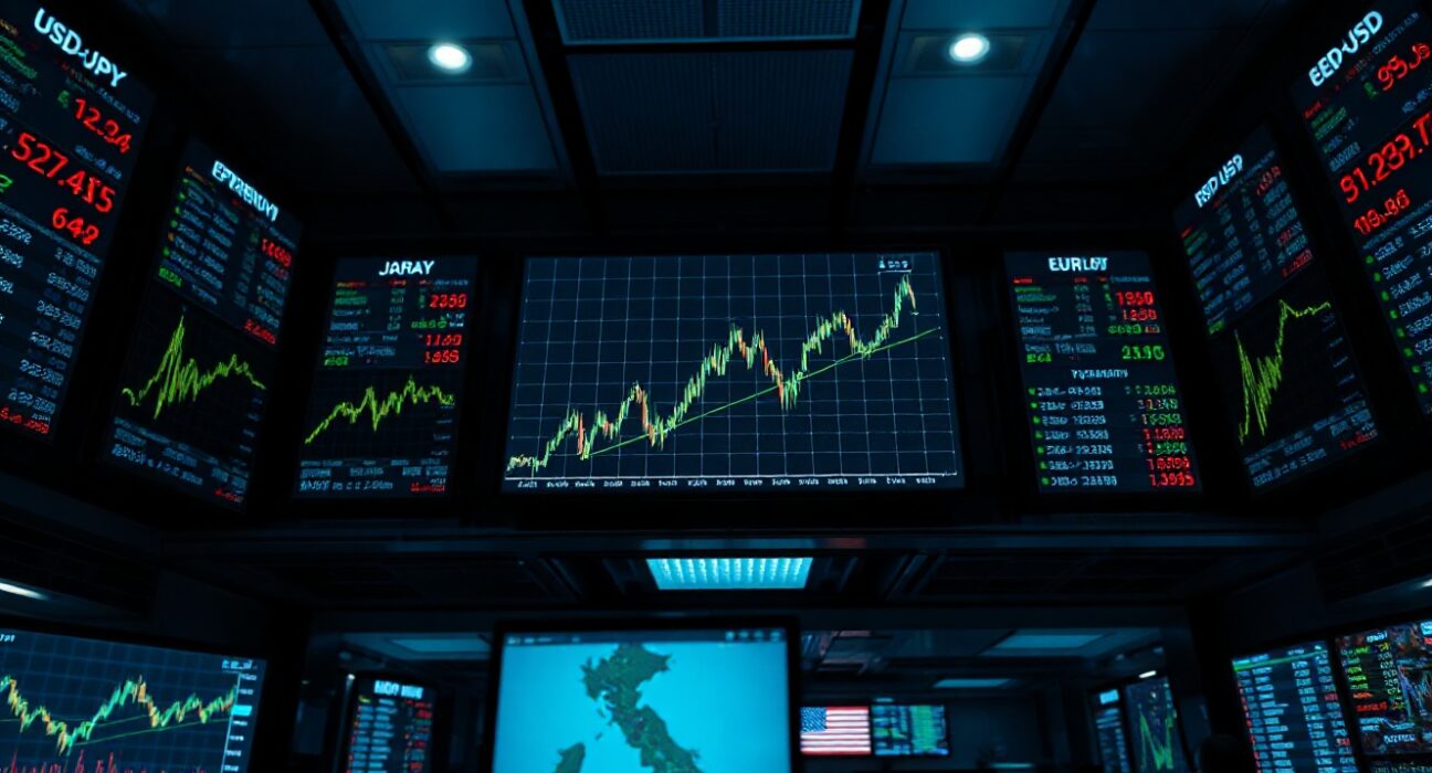 Forex trading screens showing currency charts and rates for USD/JPY and EUR/USD pairs