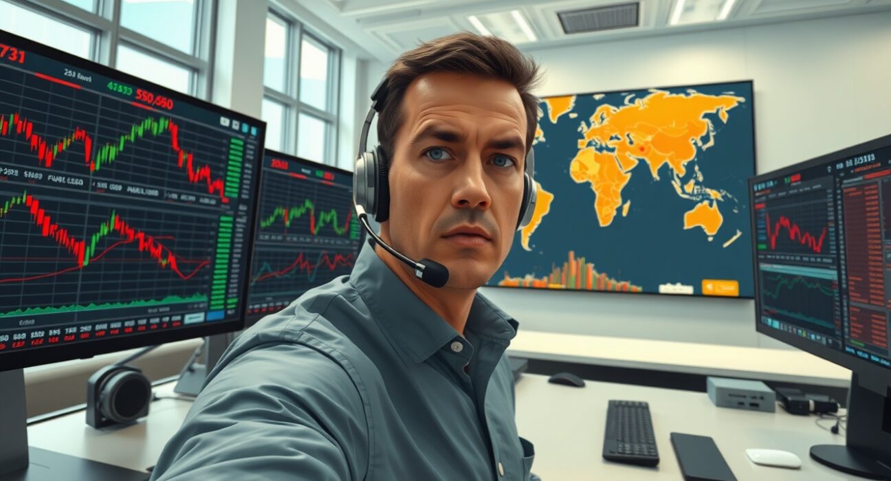 Professional trader monitoring currency charts amid Middle East geopolitical uncertainty affecting forex markets.