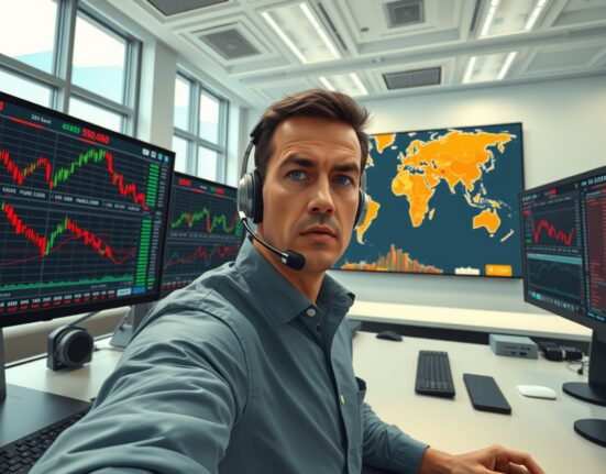 Professional trader monitoring currency charts amid Middle East geopolitical uncertainty affecting forex markets.