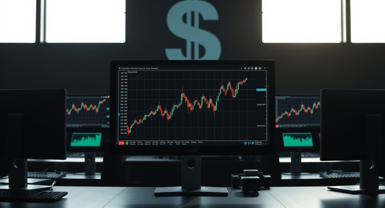 Forex trading desk with monitors showing charts ahead of US NFP report