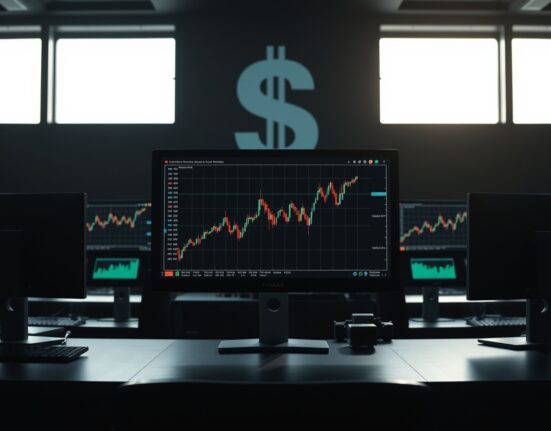 Forex trading desk with monitors showing charts ahead of US NFP report