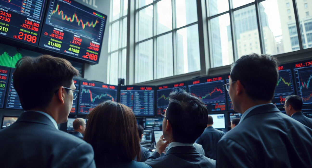 Forex trading screens showing currency charts in a quiet trading room