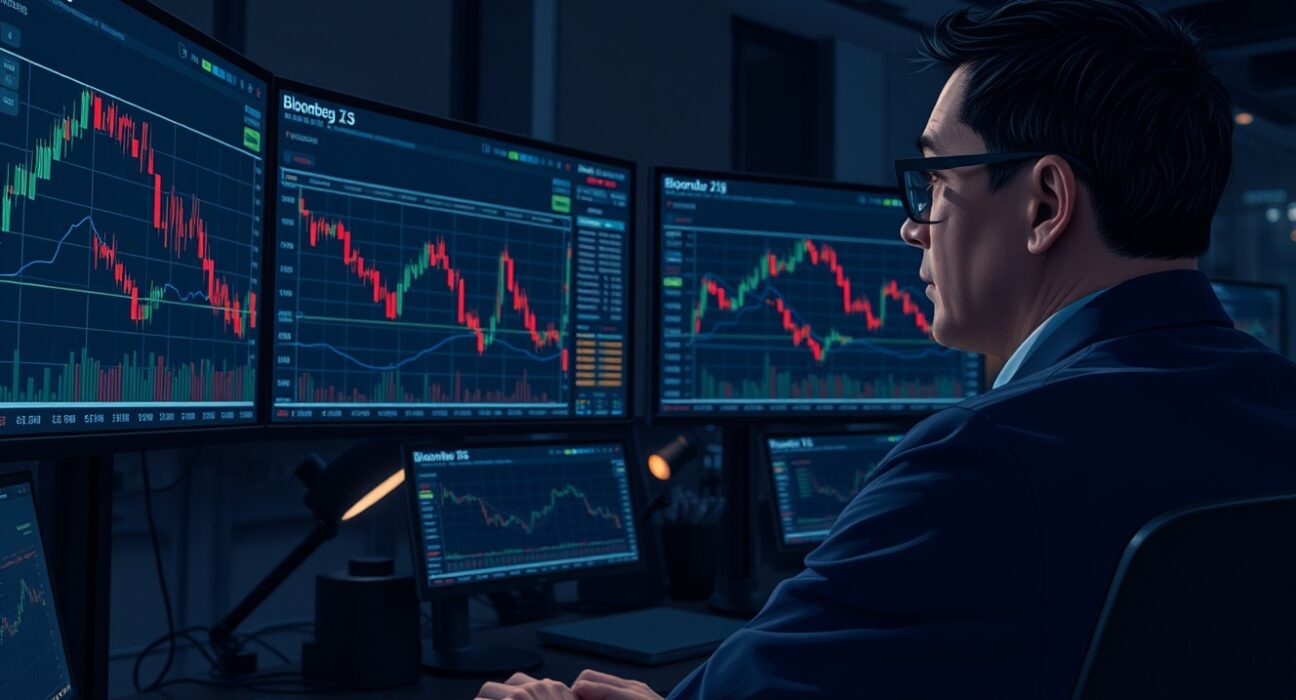Trader analyzing falling Forex markets as geopolitical risk rises, illustrating risk aversion in currency trading.