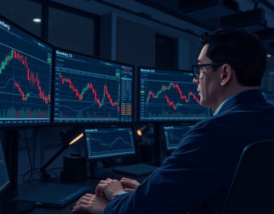 Trader analyzing falling Forex markets as geopolitical risk rises, illustrating risk aversion in currency trading.