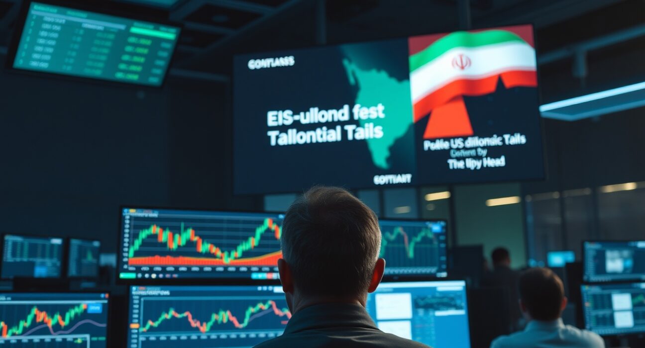 Forex trading desk monitors showing currency charts with US-Iran news headline in background