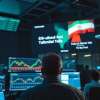 Forex trading desk monitors showing currency charts with US-Iran news headline in background