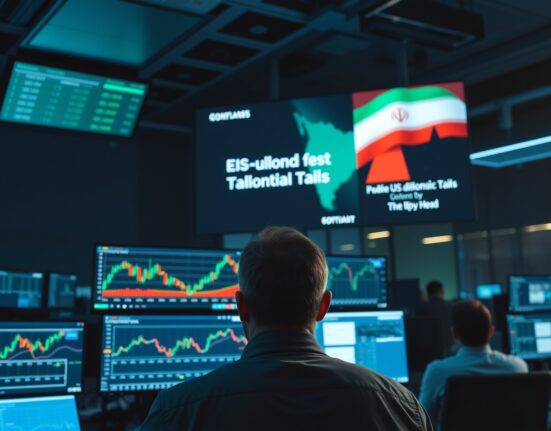Forex trading desk monitors showing currency charts with US-Iran news headline in background