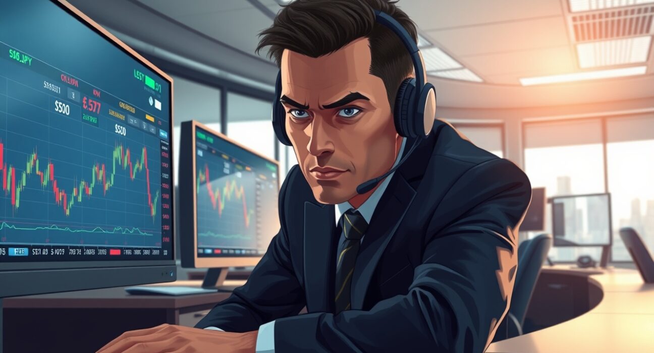 Financial trader monitoring forex market volatility ahead of Trump's policy deadline