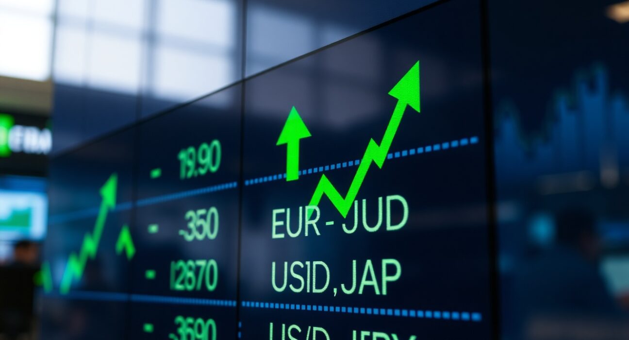 Forex trading screen showing major currency pairs with gains amid US-Iran deal optimism
