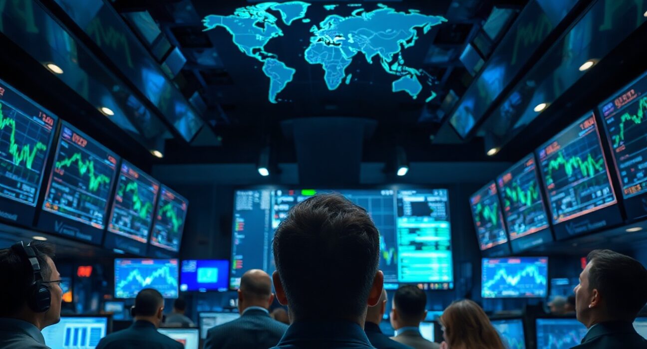 Forex trading floor with currency charts and world map reflecting market reaction to US-Iran peace deal rumors