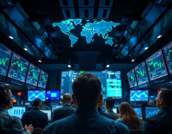 Forex trading floor with currency charts and world map reflecting market reaction to US-Iran peace deal rumors