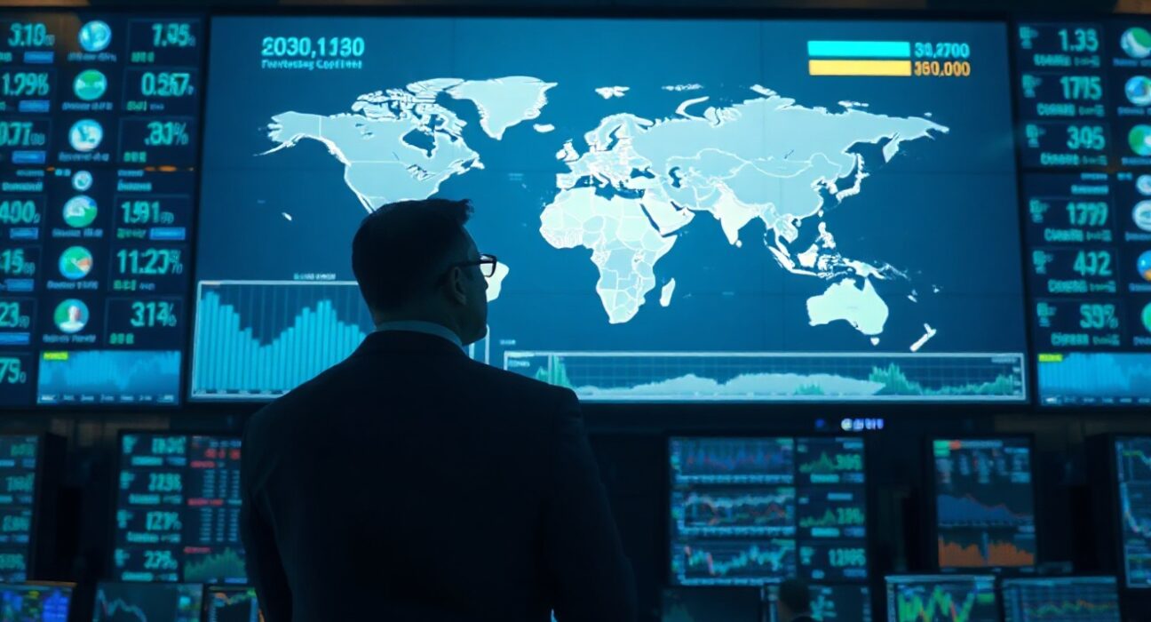 Financial trading screen showing world map and currency charts with analyst observing