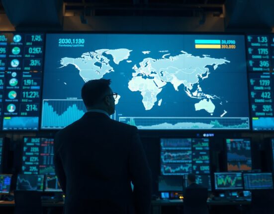 Financial trading screen showing world map and currency charts with analyst observing