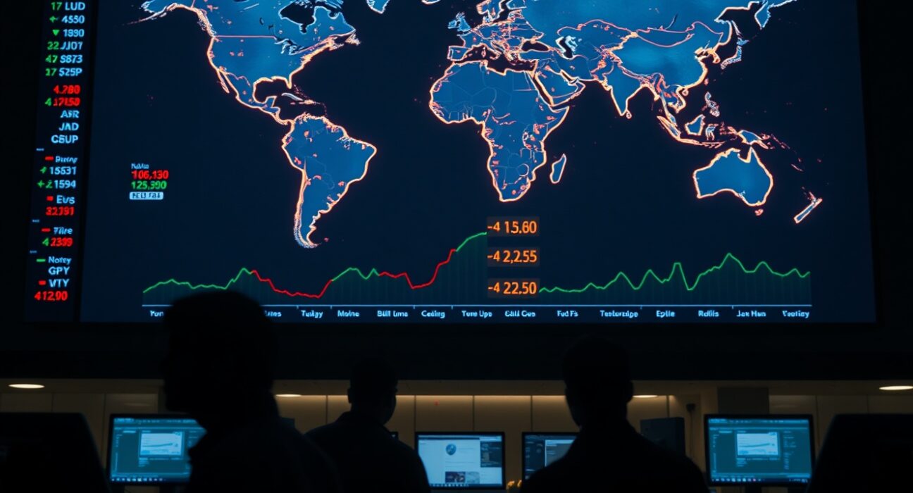 Dimly lit forex trading floor with digital screens showing currency charts and world map