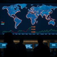 Dimly lit forex trading floor with digital screens showing currency charts and world map