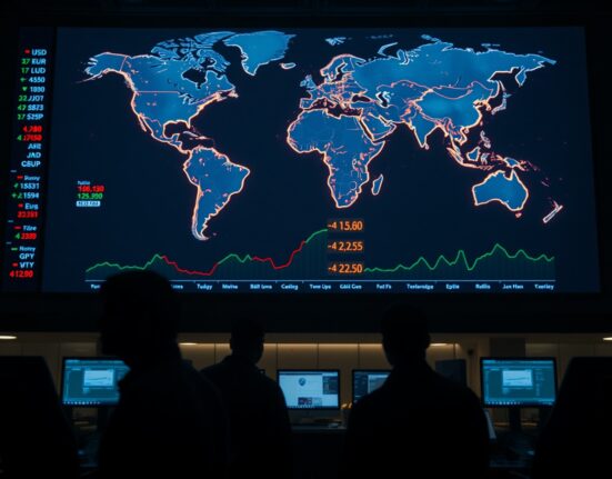 Dimly lit forex trading floor with digital screens showing currency charts and world map