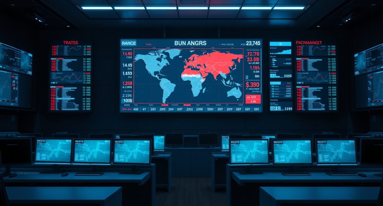 Forex trading screen showing currency charts and a map of the Middle East amid US-Iran tensions.