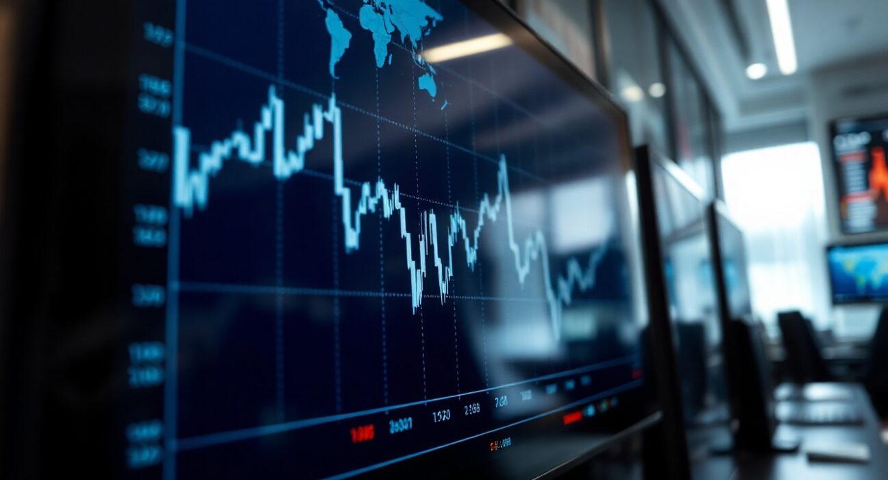 Forex trading screen showing currency charts and world map reflection