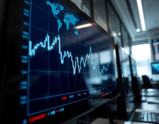 Forex trading screen showing currency charts and world map reflection