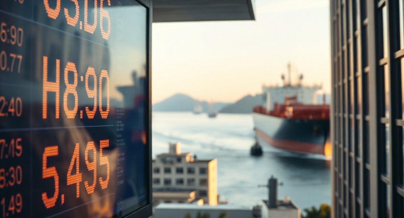 US dollar exchange rates board with oil tanker in background