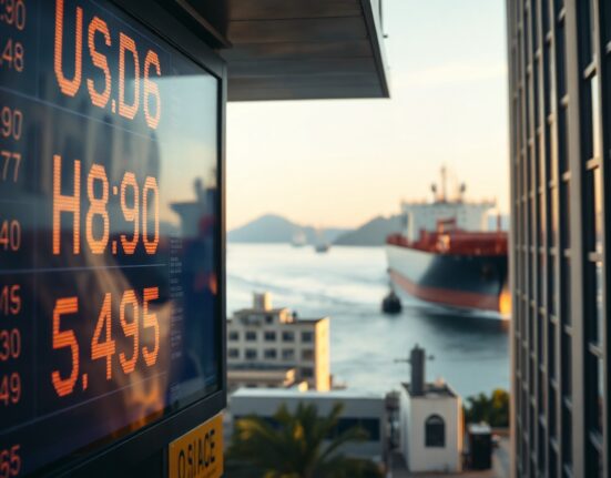 US dollar exchange rates board with oil tanker in background