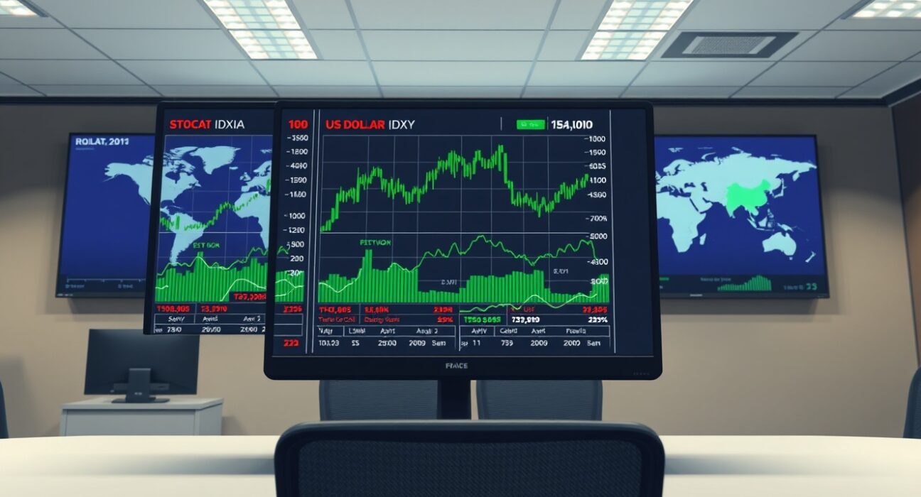 Forex Today analysis showing live financial charts with US Dollar weakening and global stocks rising.