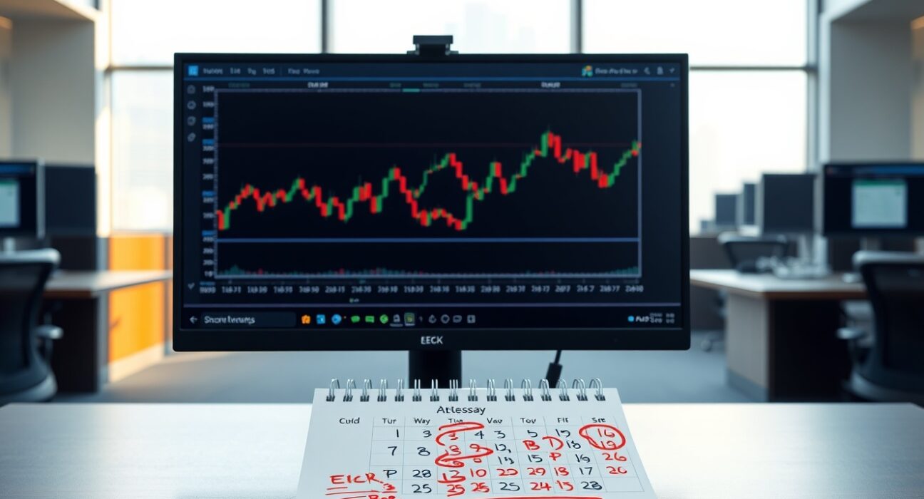 Forex trading desk analyzing ECB and Bank of England decisions with currency charts visible