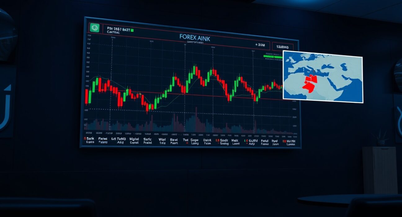 Forex trading chart with ECB and Middle East conflict indicators on a dark screen