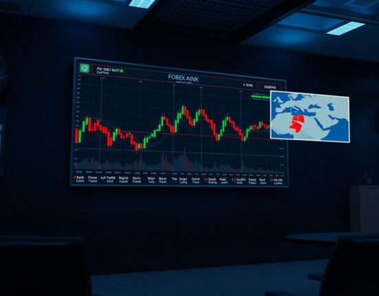 Forex trading chart with ECB and Middle East conflict indicators on a dark screen