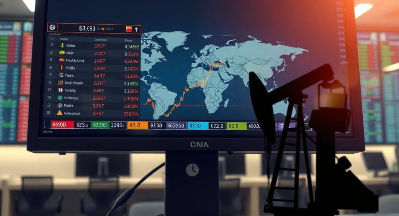 Financial market monitor showing currency charts and a world map with an oil pump jack silhouette in the background