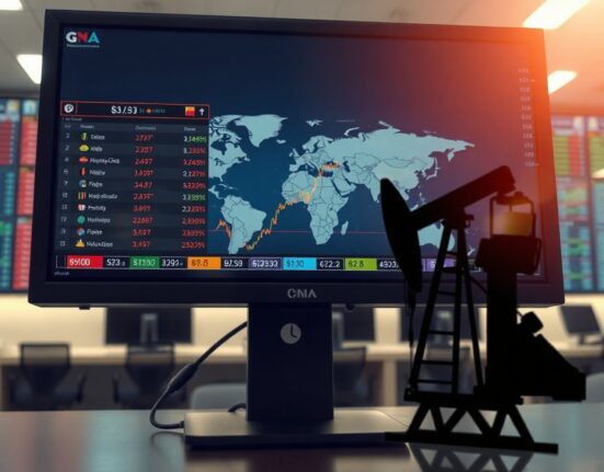 Financial market monitor showing currency charts and a world map with an oil pump jack silhouette in the background