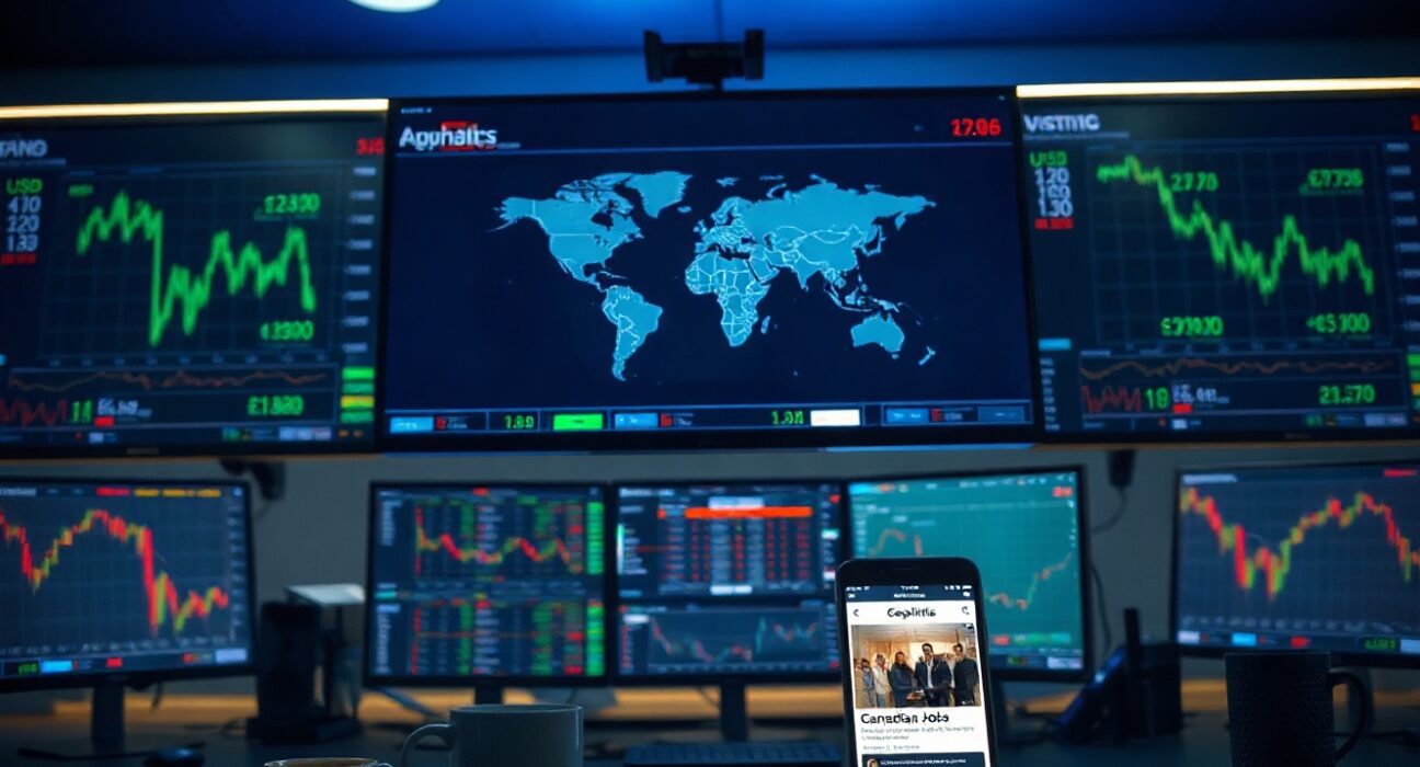 Forex trading desk with multiple screens showing currency charts and world map, focus on market analysis.