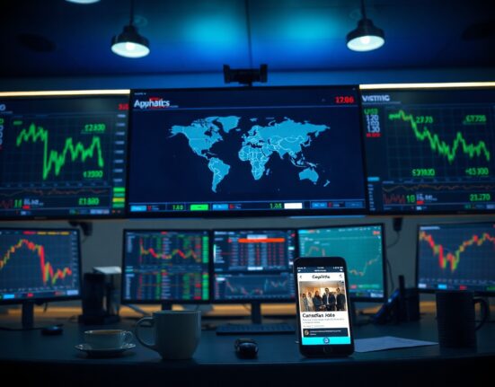Forex trading desk with multiple screens showing currency charts and world map, focus on market analysis.