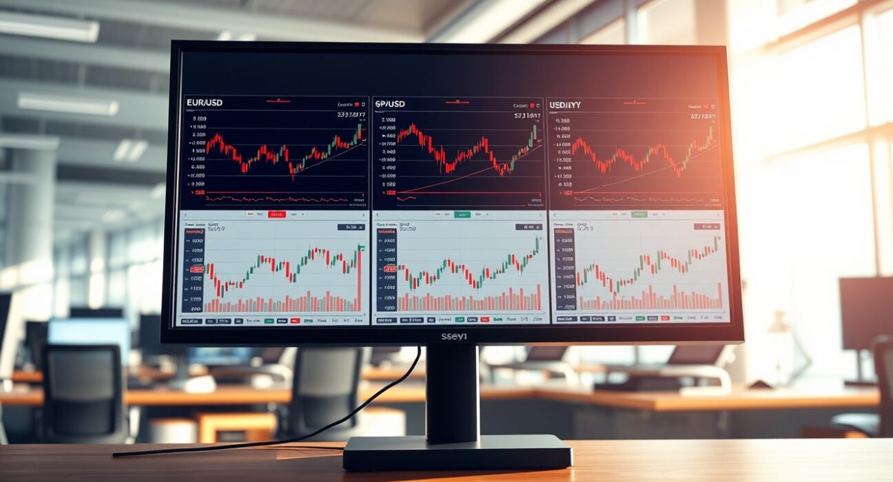 Forex trading desk showing real-time charts of major currency pairs as markets analyze central bank policies