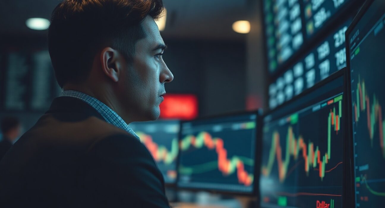 Forex trader analyzing euro and dollar charts on multiple monitors in a professional trading environment.