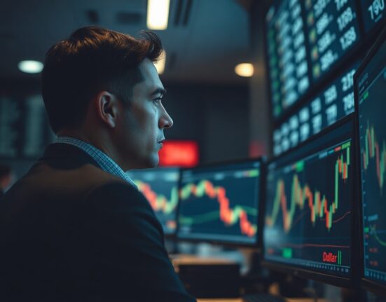 Forex trader analyzing euro and dollar charts on multiple monitors in a professional trading environment.